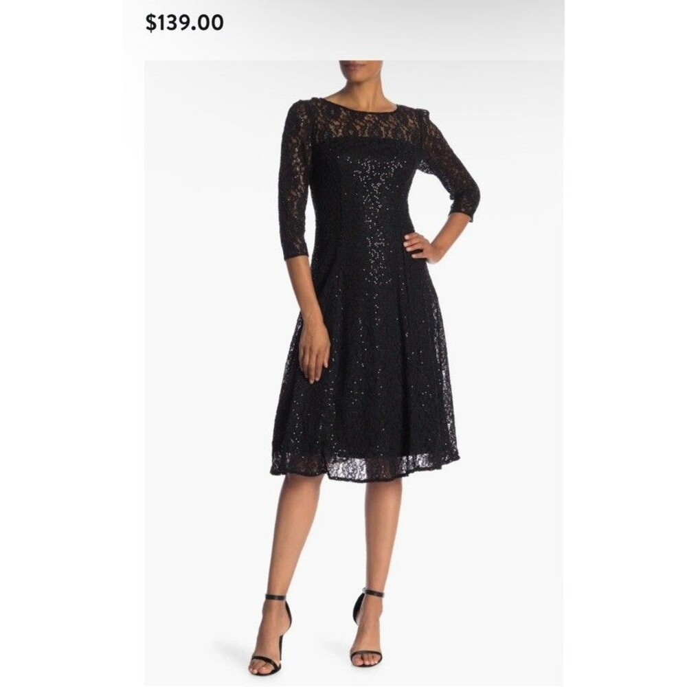 New SLNY Women's Lace Sequin Black Cocktail Holiday Dress 14 Fit Flare Party NWT